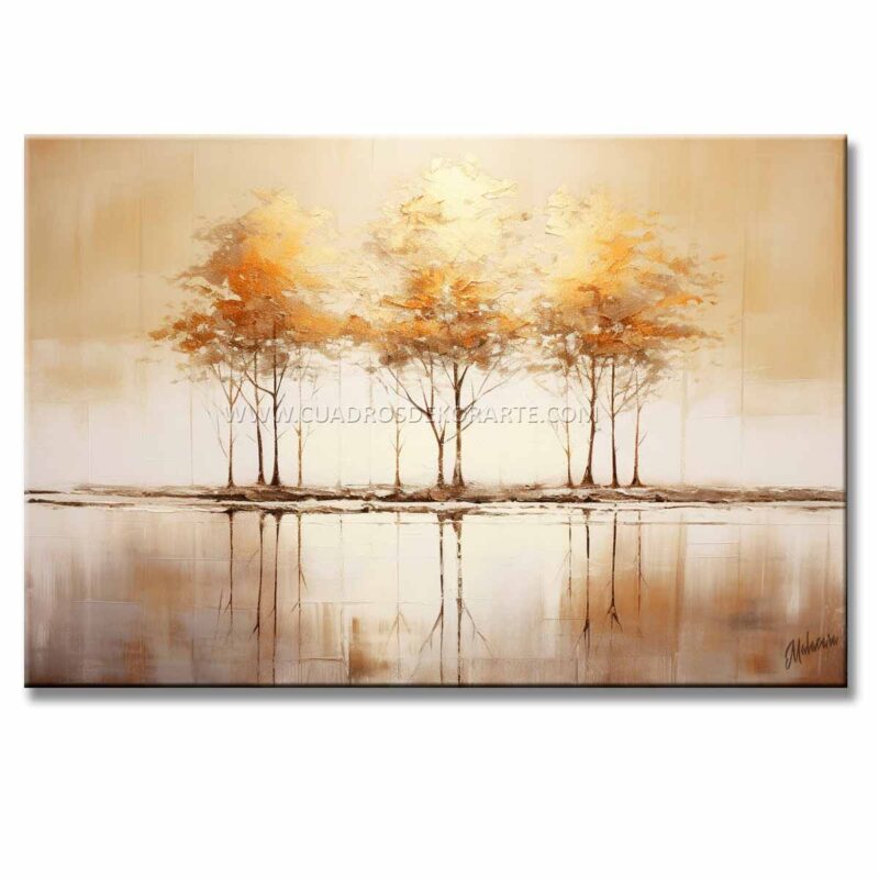 Cuadro tres arboles estilo moderno pintado con pincel y espátula con relieve táctil en colores ocre, sepia, blanco y dorado medida de 120x80cm.