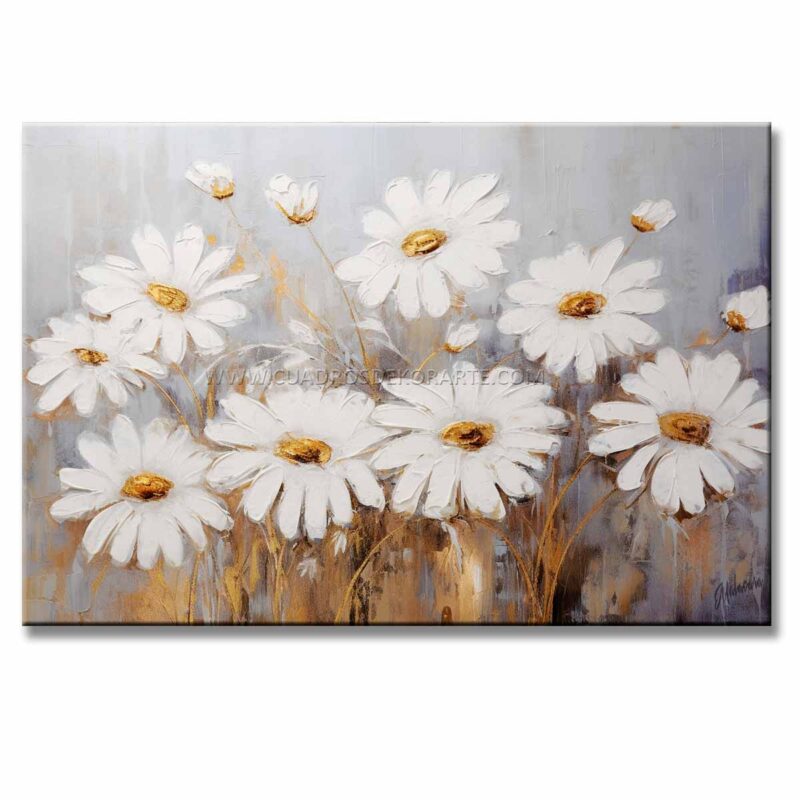 Pintura campo de flores estilo moderno pintado con pincel y espátula con relieve tactil en colores gris, blanco y dorado medida de 120x80cm.