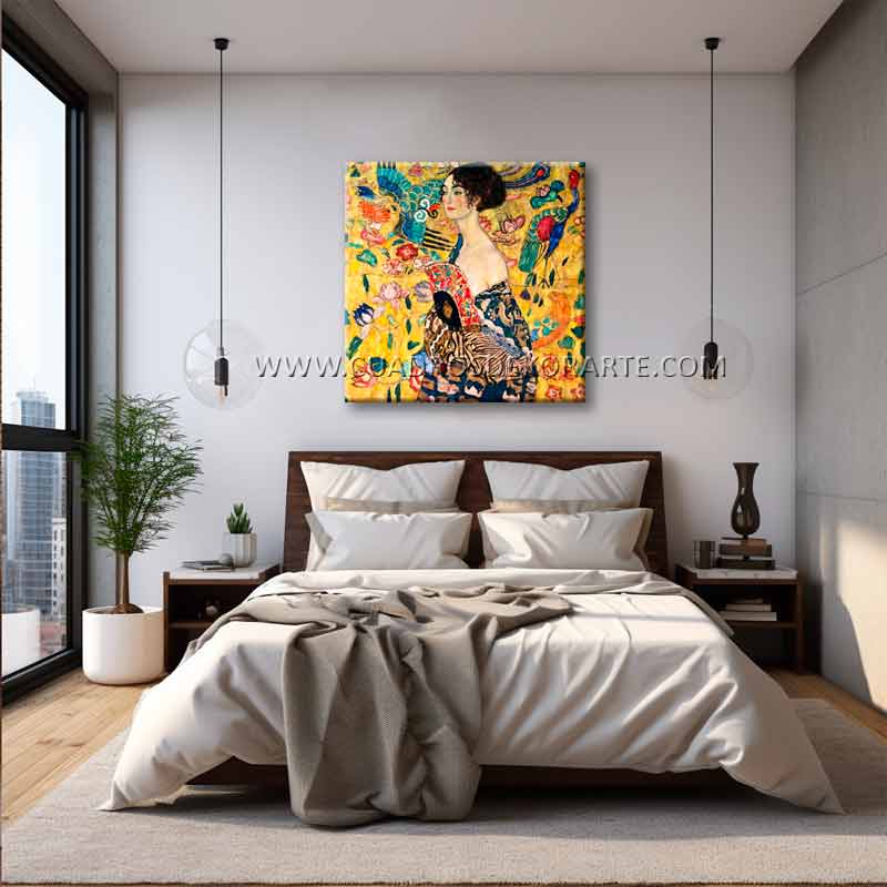cuadros decorativos para recámara Dama con Abanico Gustav-Klimt pintado a mano en medida de 100x100cm.