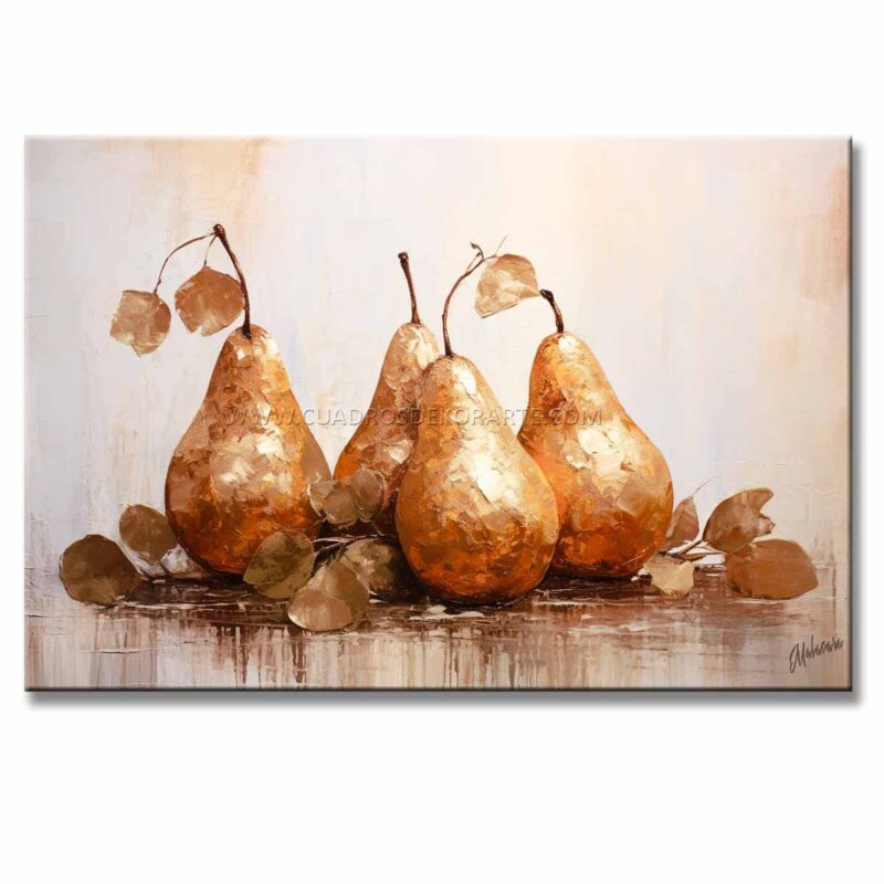 Pinturas de Peras Cuadro Moderno Para Comedor o cocina representa una imagen de 4 peras en colores Sepia, Dorado y Gris en tamaño de 120x80cm.