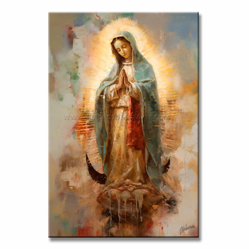 Cuadro Virgen de Guadalupe estilo moderno pintado con pincel y espátula con relieve táctil en colores blanco, azul, verde y ocre medida de 120x80cm.