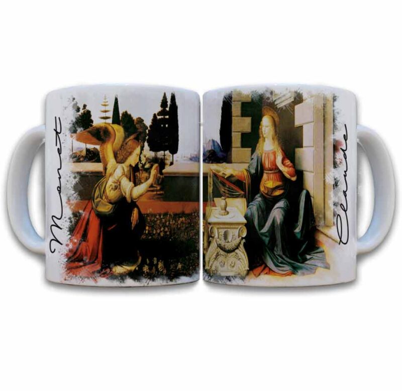 Tazas decoradas Leonardo da Vinci la anunciación taza de 11 oz. impresos en sublimación.