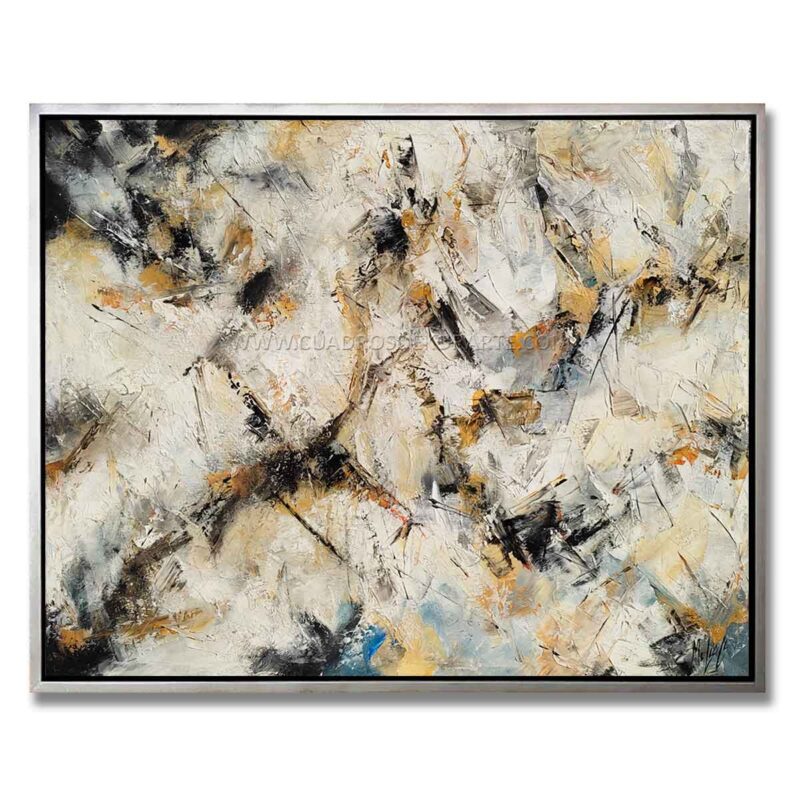 Bisul Pintura Abstracta con Marco Color plateado colores beige y blanco