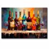 Bodegón botellas de vino estilo moderno pintado con pincel y espátula con relieve táctil multicolor medida de 120x80cm.