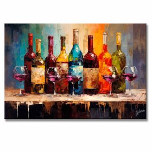 Bodegón botellas de vino estilo moderno pintado con pincel y espátula con relieve táctil multicolor medida de 120x80cm.