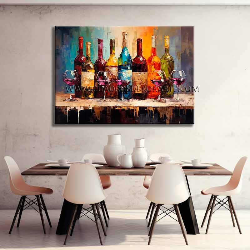 bodegón de botellas de vino para cocina o comedor pintado a mano en medida de 120x80cm.