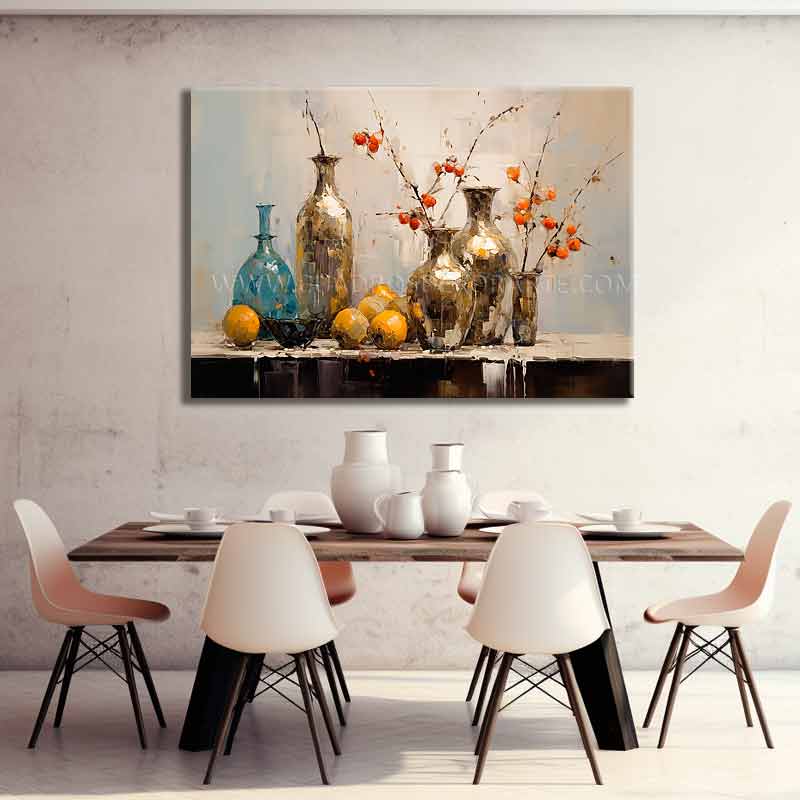 bodegón de frutas y jarrones para cocina o comedor pintado a mano en medida de 120x80cm.