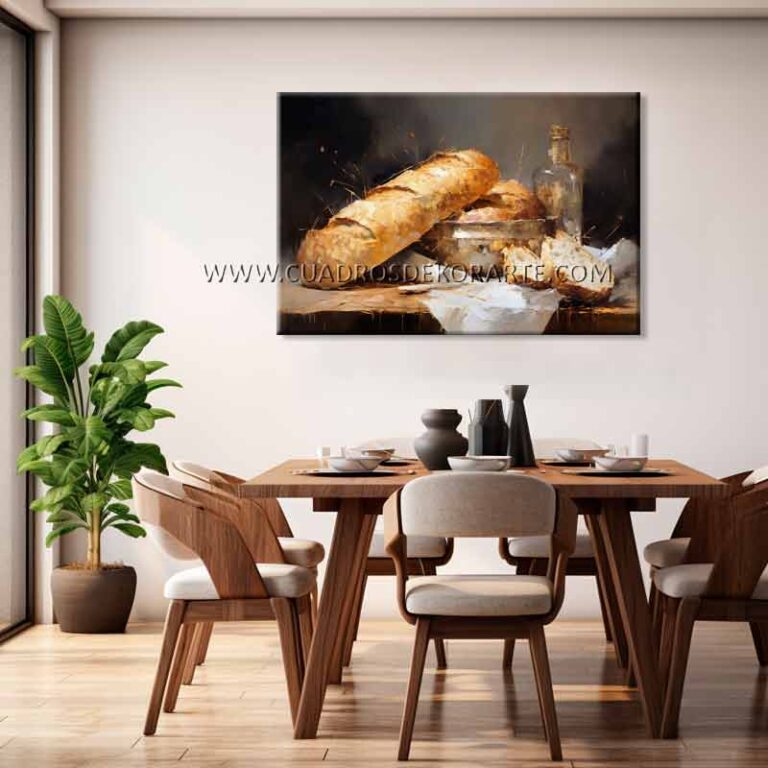 bodegón de panes para comedor pintado a mano con pincel y espátula en medida de 120x80cm.