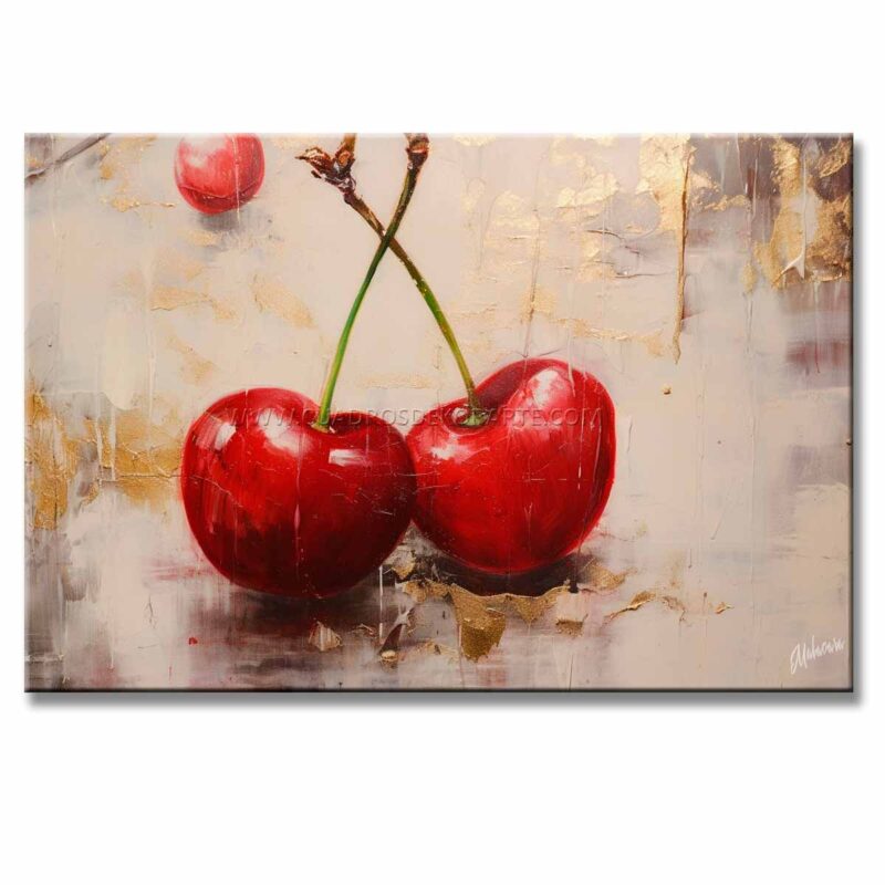 Cuadros de Cerezas Moderno Para Cocina o Comedor representa 3 cerezas en colores rojo, dorado y rosa pintado a mano en medida de 120x80cm.