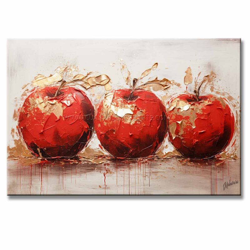 Cuadro de Manzanas Rojas Moderno Para Cocina o Comedor representa 3 manzanas en colores rojo, dorado y gris pintado a mano en medida de 120x80cm.