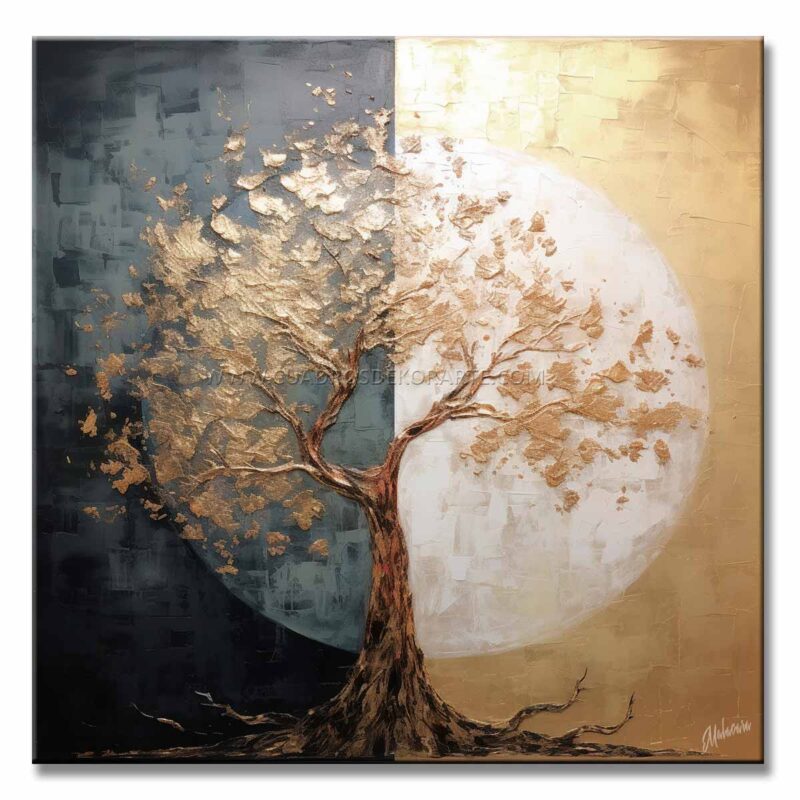 Pintura Árbol día y noche para Sala o Comedor representa un árbol dividido en dia y noche en colores azul, blanco y dorado pintado a mano medida de 100x100cm.