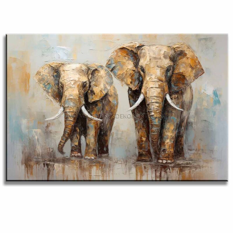 pintura de elefante con hijo pintado a mano en colores blanco, blanco y ocre en medida de 120x80cm.