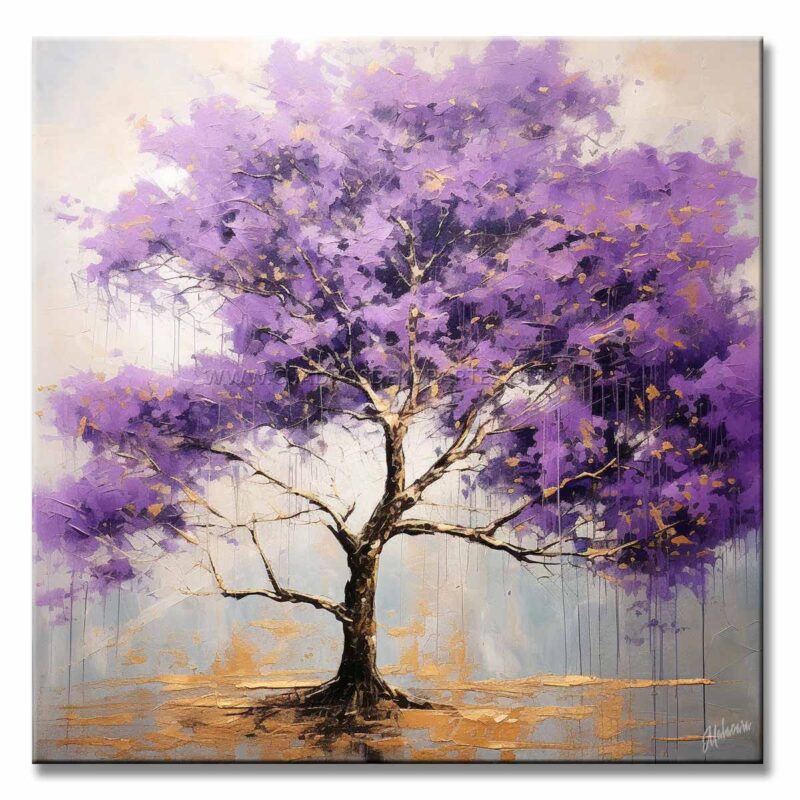 Pintura de Jacaranda para Sala o Comedor representa un árbol de Jacaranda en colores morado, gris y dorado pintado a mano en medida de 100x100cm.