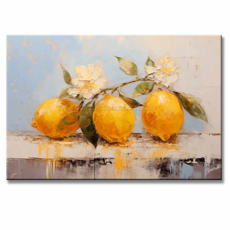 Pintura de limones Moderno Para Cocina o Comedor representa 3 limones en colores amarillo, blanco y azul pintado a mano en medida de 120x80cm.