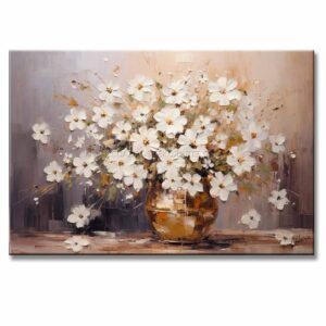 Pintura Florero Cuadros para Sala o Comedor estilo moderno este cuadro representa un florero con flores blancas y fondo gris y ocre en medida de 120x80cm.