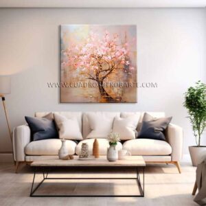 cuadros decorativos modernos para sala árbol de cerezo pintado a mano en medida de 100x100cm.