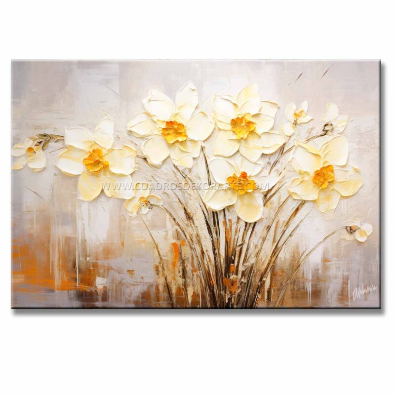 Pinturas de Narciso elaborado con pincel y espátula representa un grupo de flores de narciso en colores blanco, gris y ocre cuenta con relieve táctil 120x80cm.