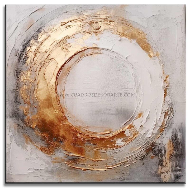 Pintura abstracta luna pintada a mano en técnica de pintura acrílica colores blanco, gris, negro y dorado medida de 100x100cm.