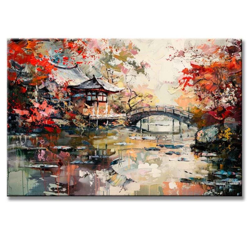 cuadros de paisaje japonés pintado a mano en colores blanco, gris, rosa y rojo en medida de 120x80cm.