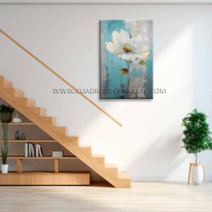 Cuadro decorativo para escaleras moderno flor colores azul, dorado y blanco medida de 120x80cm.