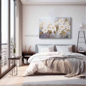 Cuadro decorativo para recámara estilo moderno ramillete de flores en medida de 120x80 cm. en colores blanco, gris y dorado