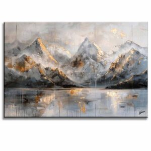 Pinturas de montañas estilo moderno representa un grupo de montanas junto a un lago en colores gris, blanco, negro y dorado pintado a mano en medida de 120x80cm.