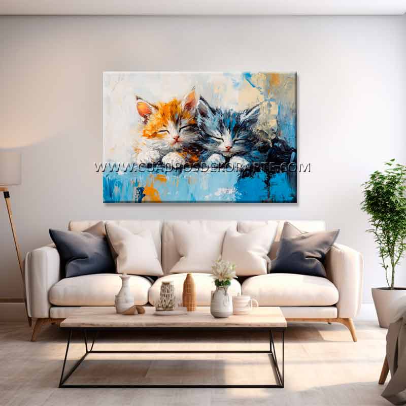 Cuadros de gatos modernos para sala pintado con pincel y espátula en medida de 120x80cm. en colores blanco, azul, ocre y gris.