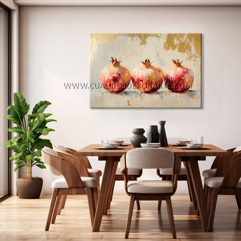 Pinturas de granadas para comedor estilo moderno representa 3 granadas en colores rojo, beige, gris y dorado pintado a mano en medida de 120x80cm.