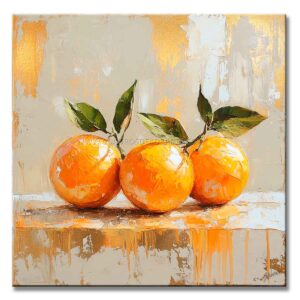 Pinturas de naranjas estilo moderno representa 3 naranjas en colores anaranjado, dorado, gris y verde pintado a mano en medida de 100x100cm.