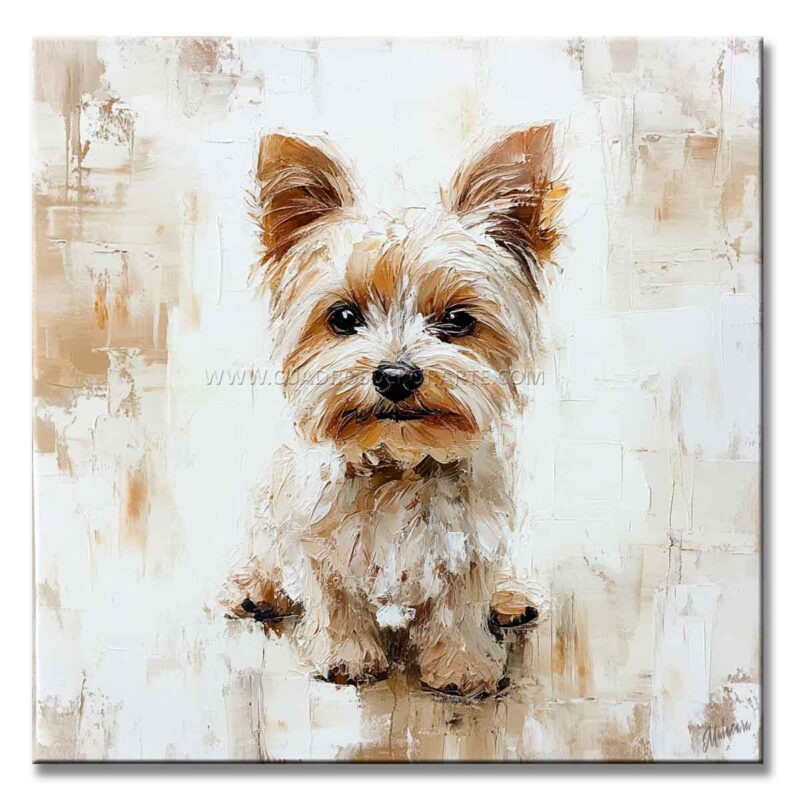 Pintura perro pequeño elaborado con pincel y espátula en colores beige, ocre, blanco y dorado cuenta con relieve táctil en medida de 100x100cm.