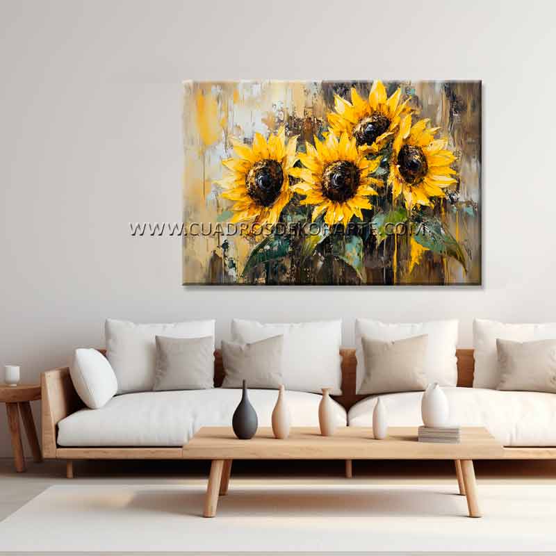 Pintura de Girasoles elaborado con pincel y espátula representa 4 girasoles en colores amarillo, ocre y verde cuenta con relieve táctil en medida de 120x80cm.