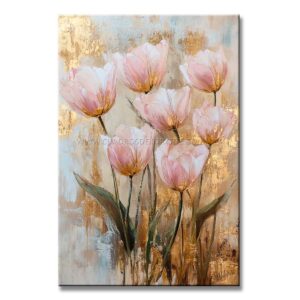 Pinturas de Tulipanes Modernos Para Sala o Comedor representa un grupo de tulipanes en color rosa en un fondo gris y dorado en tamaño de 120x80cm.