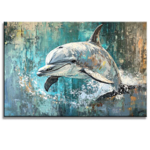 Cuadros de delfines estilo moderno pintado a mano en en colores gris, verde, azul y blanco en medida de 120x80cm.