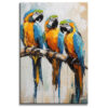 Cuadros de loros estilo moderno pintado a mano en en colores azul, naranja, amarillo y gris en medida de 120x80cm.