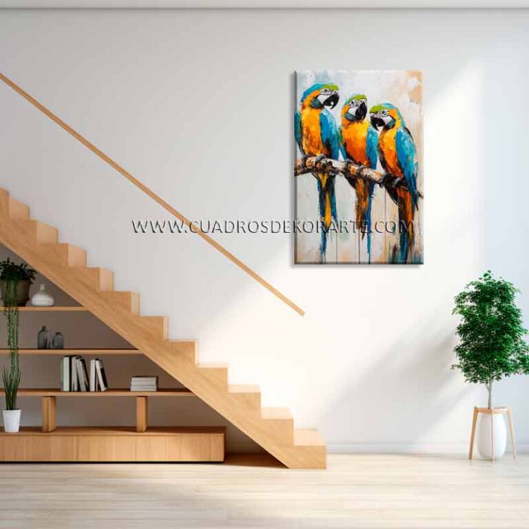 Cuadros modernos de loros para escaleras pintado a mano en medida de 120x80cm.