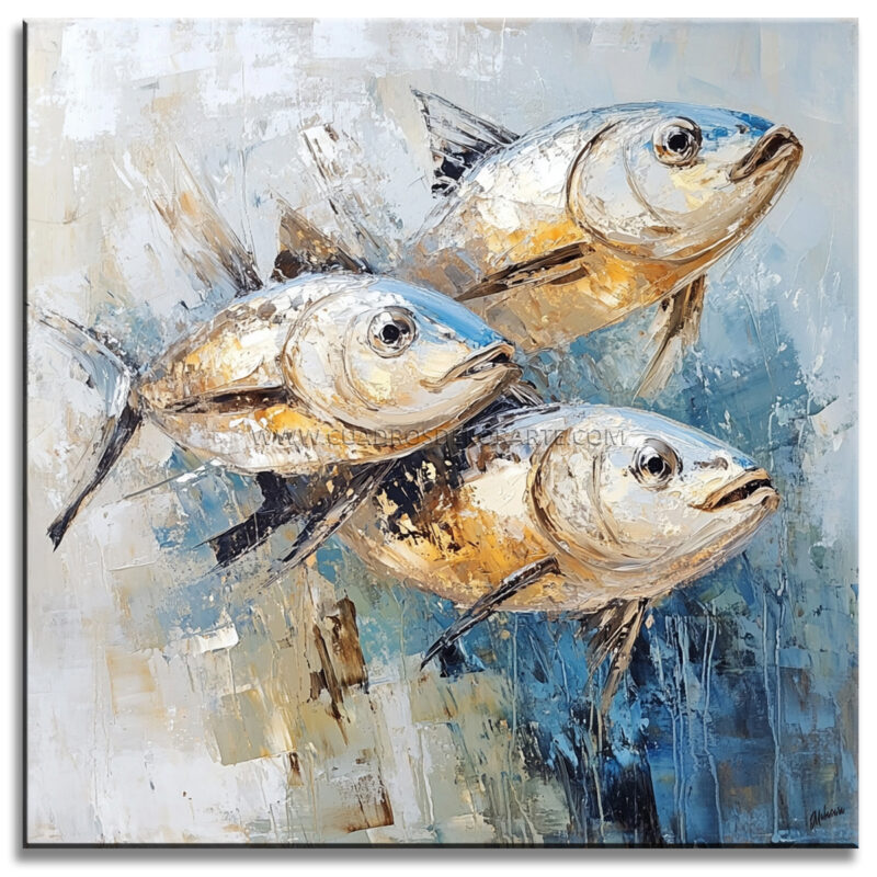 Cuadros de peces estilo moderno pintado a mano en en colores azul, blanco, dorado y gris en medida de 100x100cm.